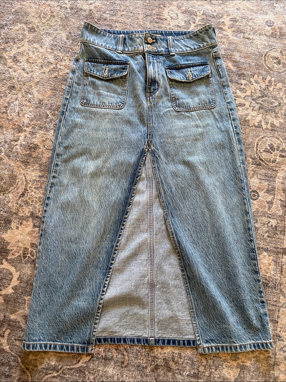FREE PEOPLE- Denim Skirt with Front Slit and Patch Pockets - Blue